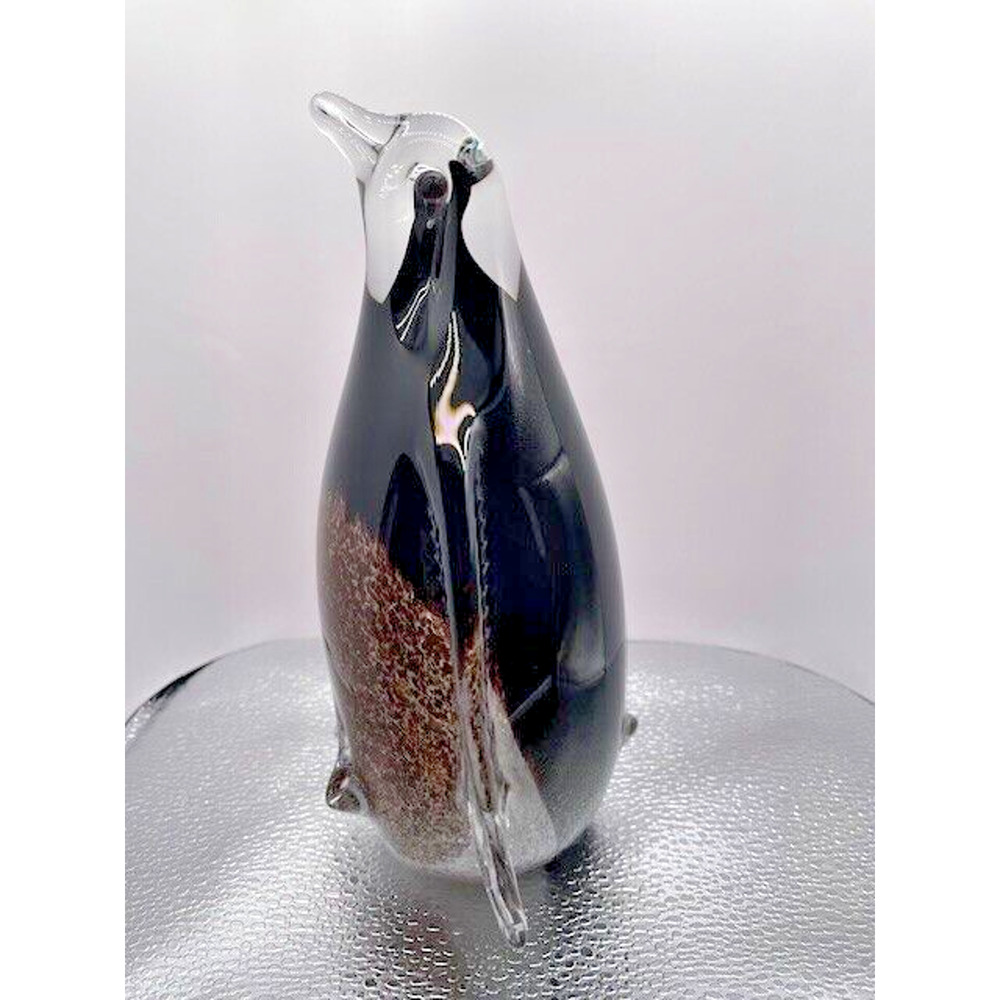 Murano Style Art Glass Penguin 7.5” X 7" Clear, Black, Brown - Picture 2 of 10